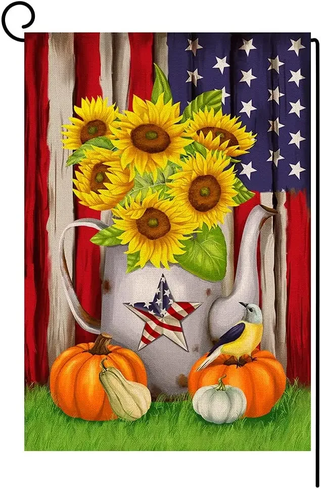 Fall Patriotic Flag Garden Flag 12x18 Inch Vertical Double Sided Autumn Pumpkin Sunflower Thanksgiving Burlap Yard Outdoor Decor