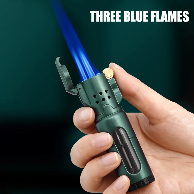 JOBON Three Blue Flame Inflatable Lighters Wheel Ignition Visible Transparent Gas Compartment Adjustable Flame Size Metal Gadget