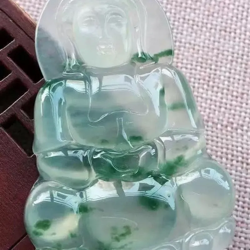 Guanyin with floating floral design Bodhisattva amulet, Tara pendant Burmese Duolong jade unisex style