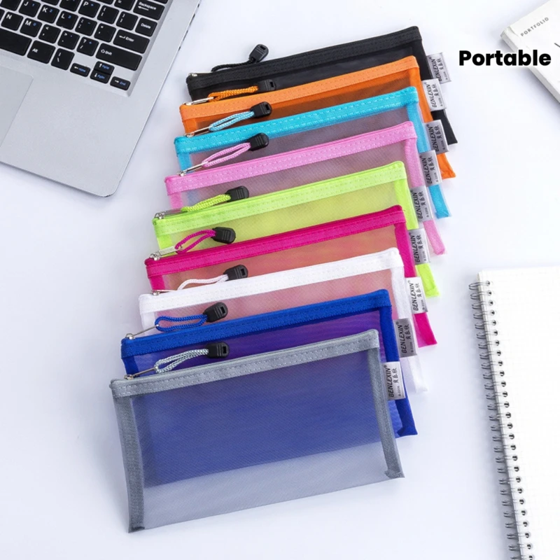 

8pcs A6 Transparent Mesh Pencil Bags Portable Simple Large Capacity Student Stationery Zipper Bag Organize Storage Bags