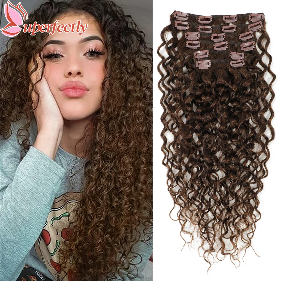 Uperfectly Water Wave Clip In Hair Extensions 6Pcs/Set Brown Hair Full Head Hairpiece Clip In Extensions Remy Human Hair 85-120g