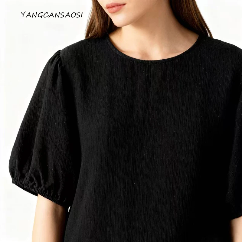 

2025 Women's Summer Clothing 100% Natural Mulberry Silk Bark Crepe Black Simple Versatile Round Neck Short-sleeved T-shirt