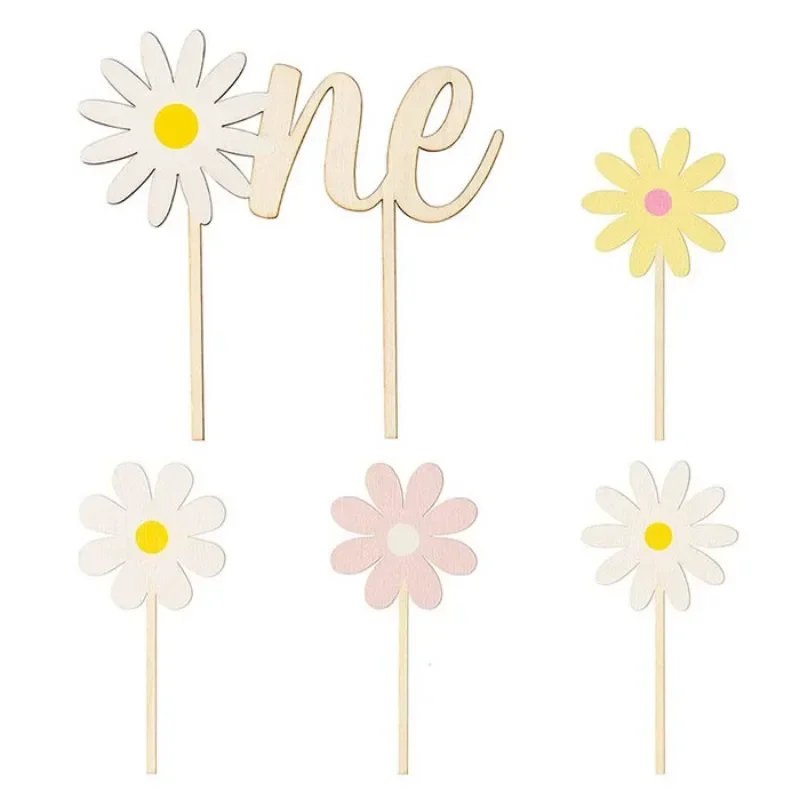 5Pcs/Set 1st Happy Birthday Cake Topper Wooden Little Daisy Sunflower Dessert Cupcake Insertion Boys Girls Birthday Party Decor