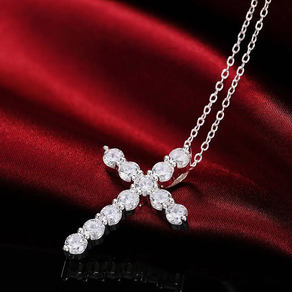 

Plating 925 Silver Fashion Luxury Shiny Zircon Crystal Latin Cross Necklace