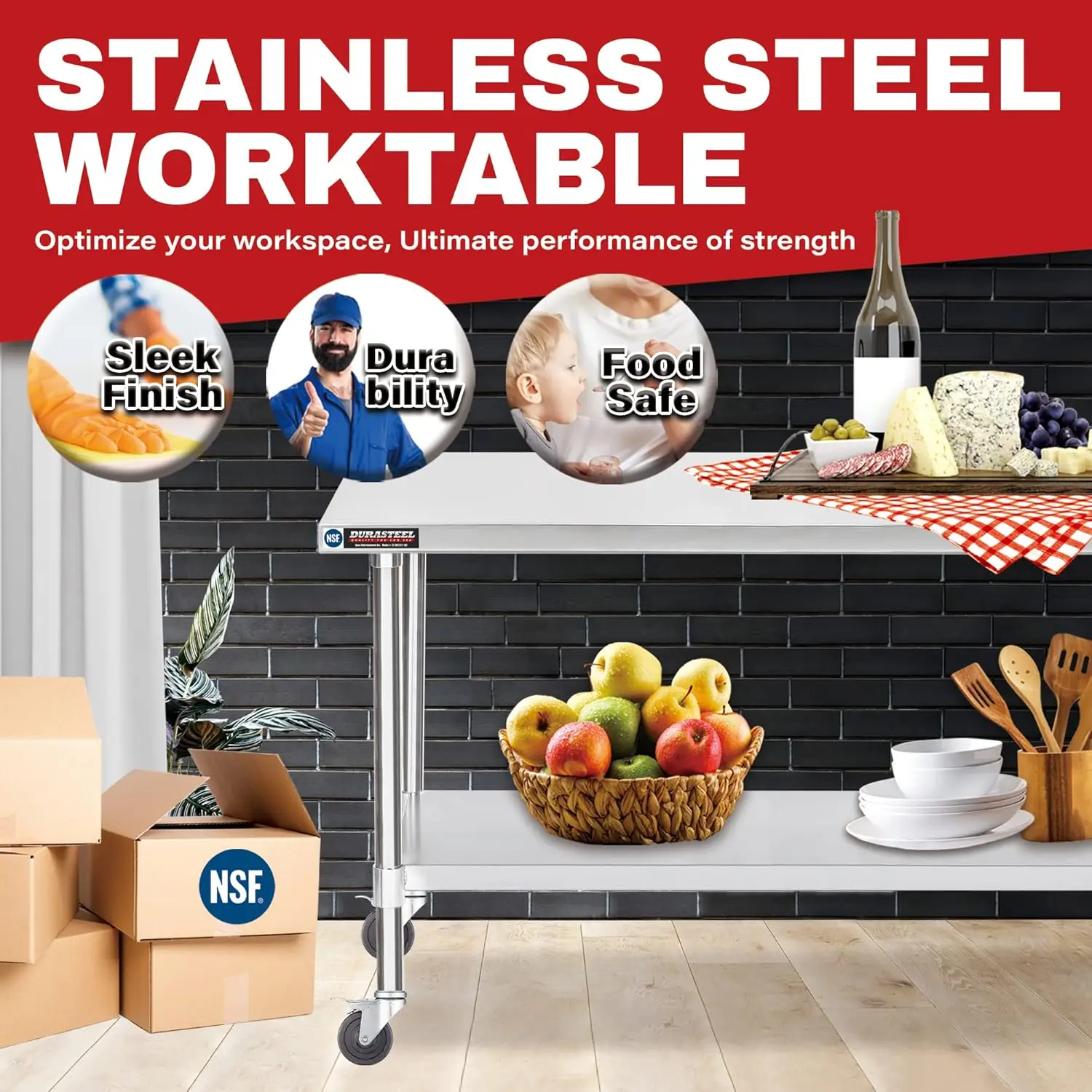 Stainless Steel Table - DuraSteel 24 x 48 Inch Metal Table Cart - Commercial Workbench with Caster Wheel - NSF Certifi