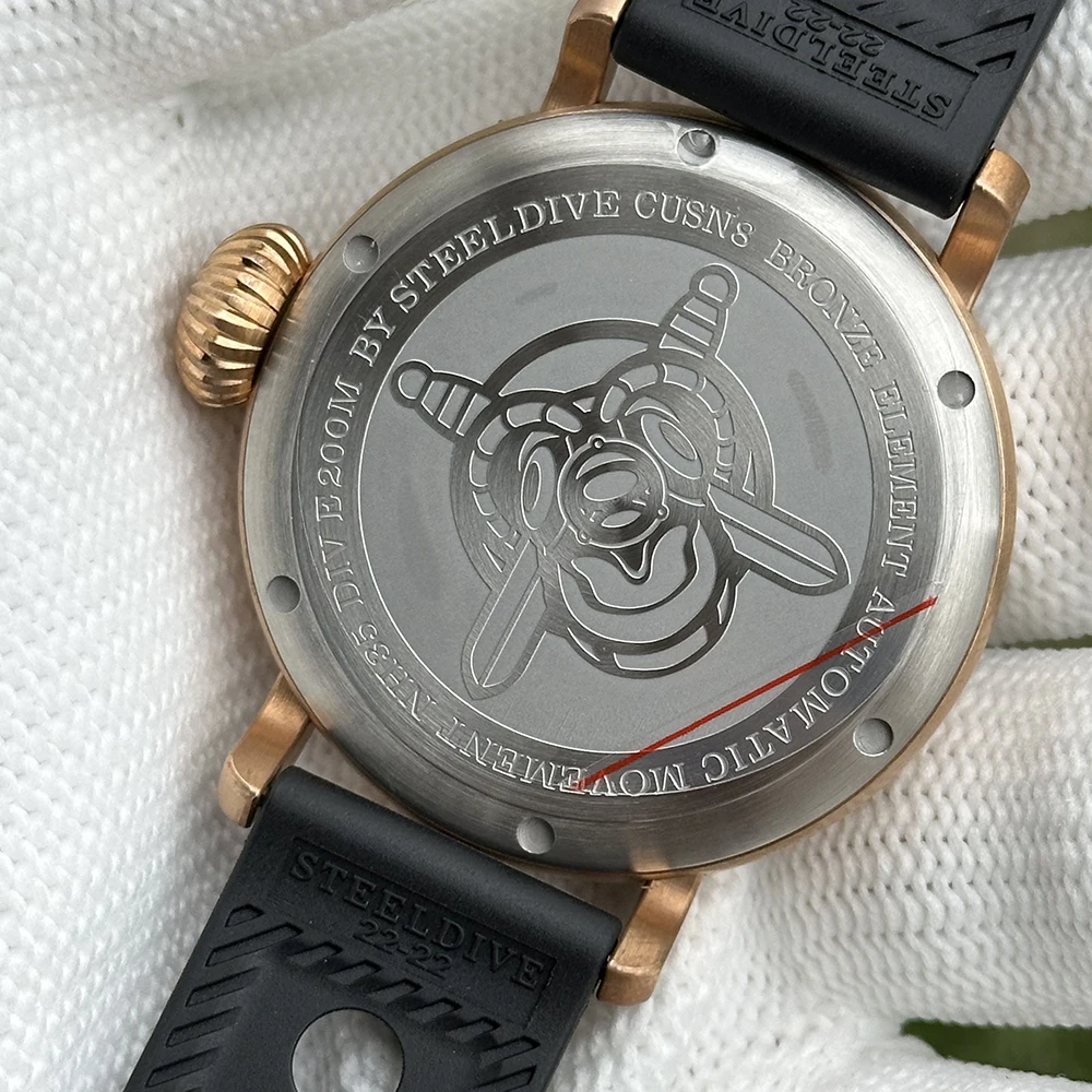 STEELDIVE Men Pilot Watch 46.5mm Bronze Military Automatic Mechanical Wristwatch Diver 200m Waterproof C3 Luminous Sapphire NH35