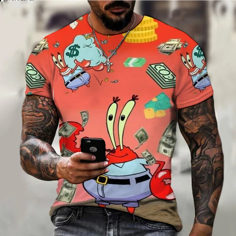 Hot Selling New Spongebob Cartoon Print Children's Casual T-Shirt 2024 Summer Street Fashion Versatile Men's Round Neck T-Shirt