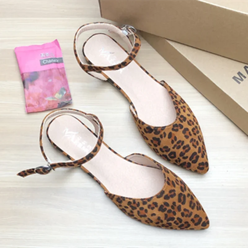 

Lady Leopard Brown Yellow OL Sandals Closed Toe Buckle Strap Flock Shoes Pointy Mouth Flats Elegant Simple Items American Style