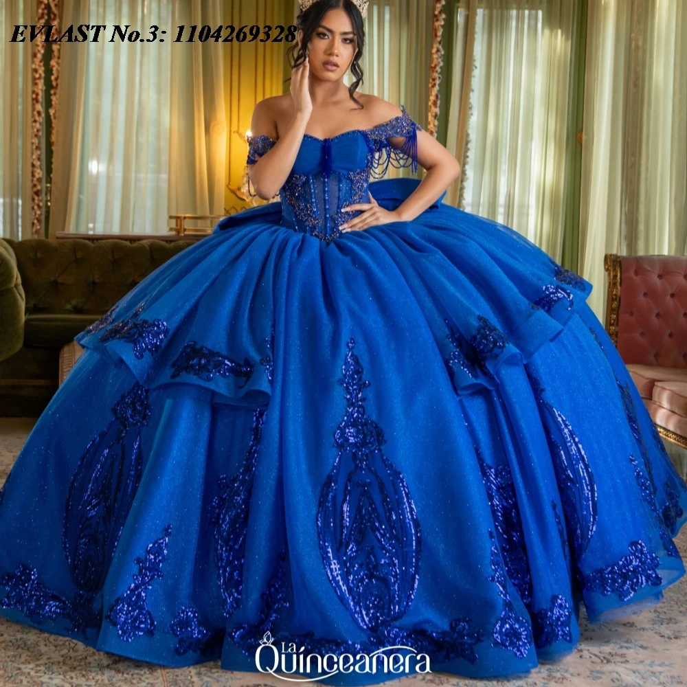 EVLAST Shiny Royal Blue Quinceanera Dress for Girl Bow Applique Off Shoulder Ball Gown Corset Vestido De 15 Customized E3A35