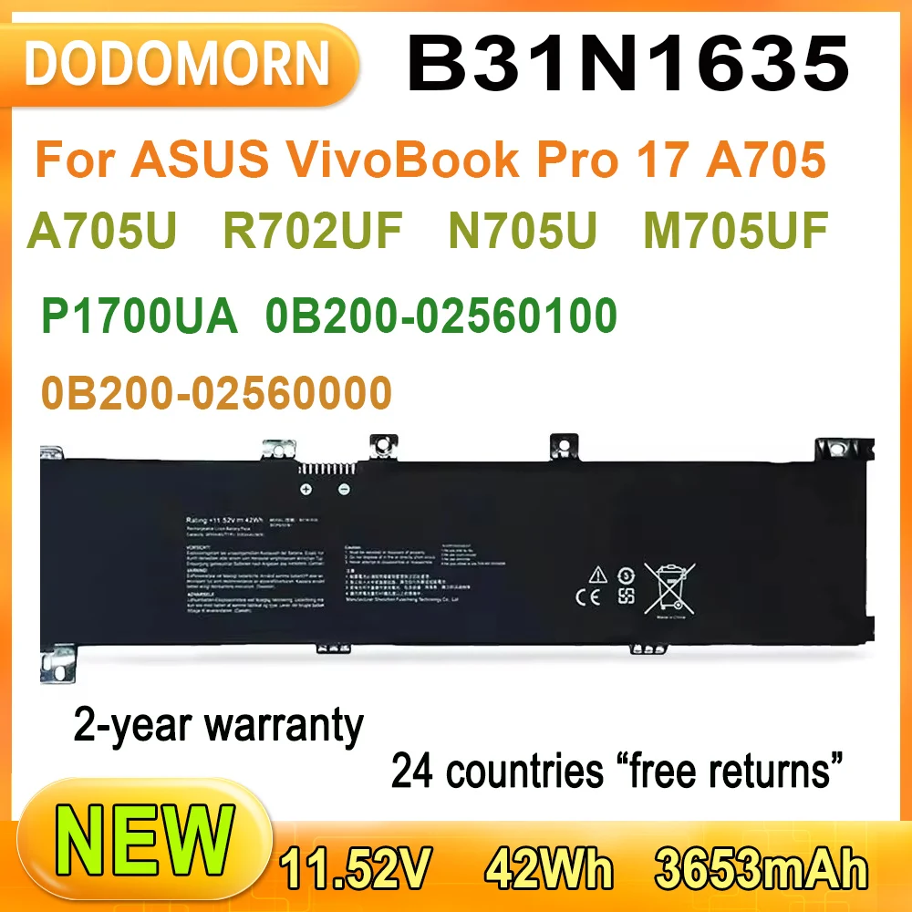 New Laptop Battery B31N1635 For ASUS VivoBook Pro 17 A705 A705U A705UA A705UQ Series High Quality 3653mAh 42WH  2-year warranty