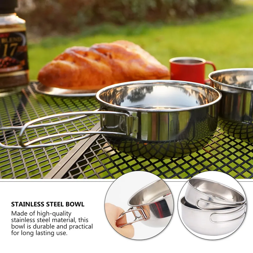 3Pcs Outdoor Tableware Camping Folding Stainless Steel Bowl Stackable Foldable Handle Mesh Bag Portable Hiking Picnic Bbq