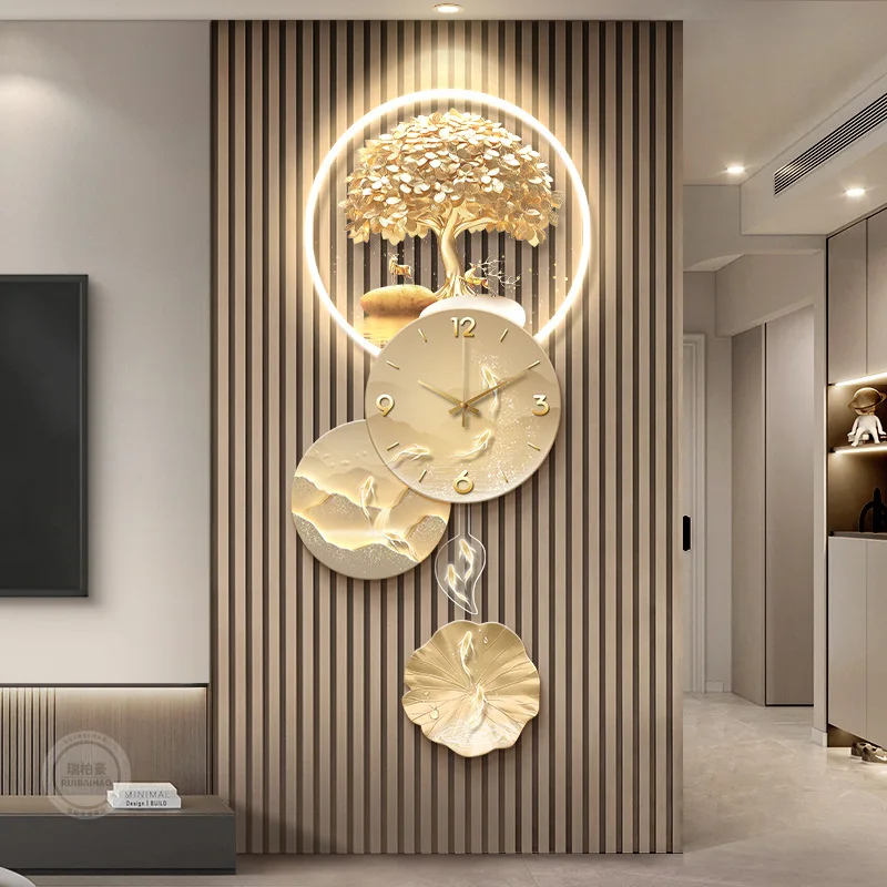 

Light luxury living room TV background wall decoration clock and high-end sense corridor grille hanging painting money tree mura
