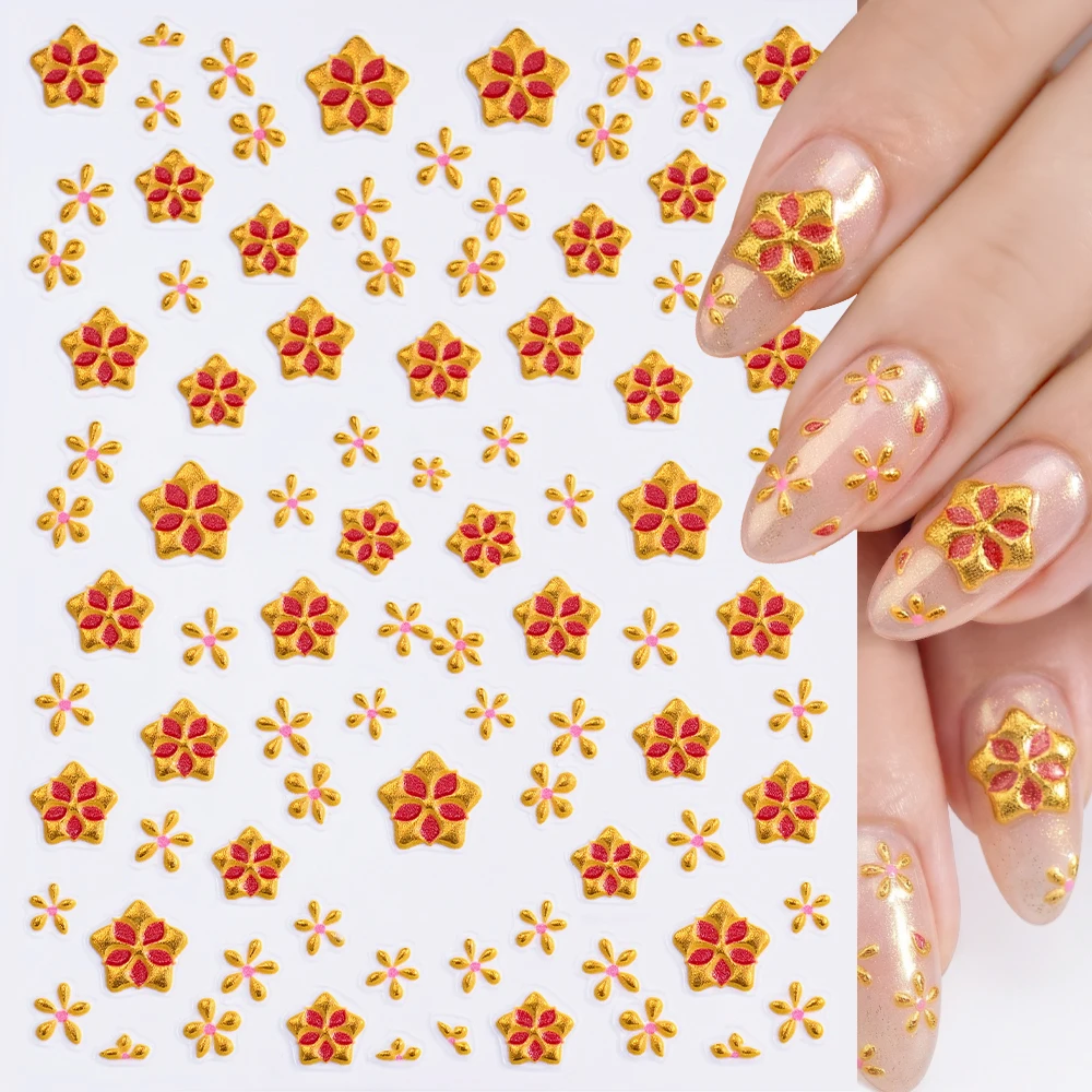 1 stücke Gold Fünf-blütenblatt Blume Nagel Aufkleber 3D Metall Glitter Blüte Fünfzackigen Stern Geformt Nagel abziehbilder DIY Herbst Nagel Dekor