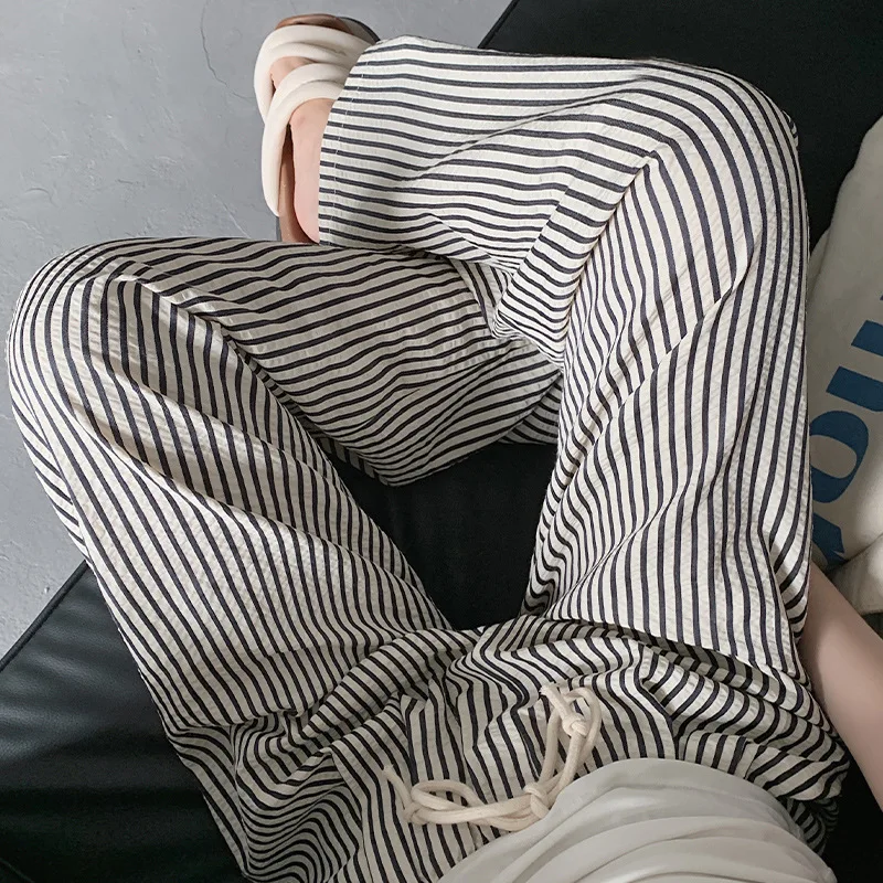 XIZOU Trendy Lazy Sle Striped Drapey Casual Pants Women High Waist Versatile Thin Straight Long Summer Pants Commute Wide Leg