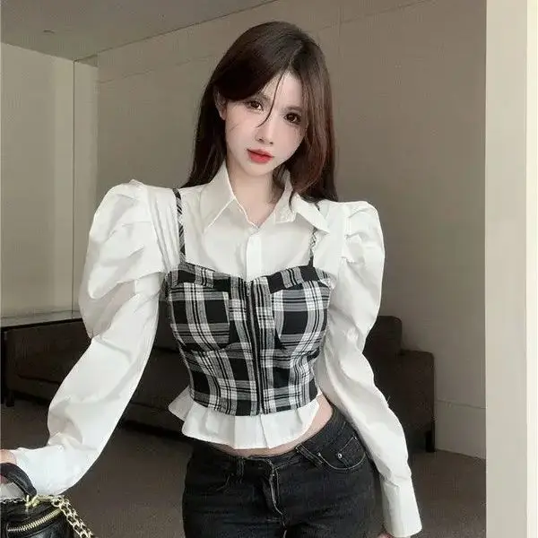 Plaid Suspender Vest Two-Piece Women'S Autumn Niche Design Sense Advanced Stacked Bubble Sleeve Shirt Western-Style Top