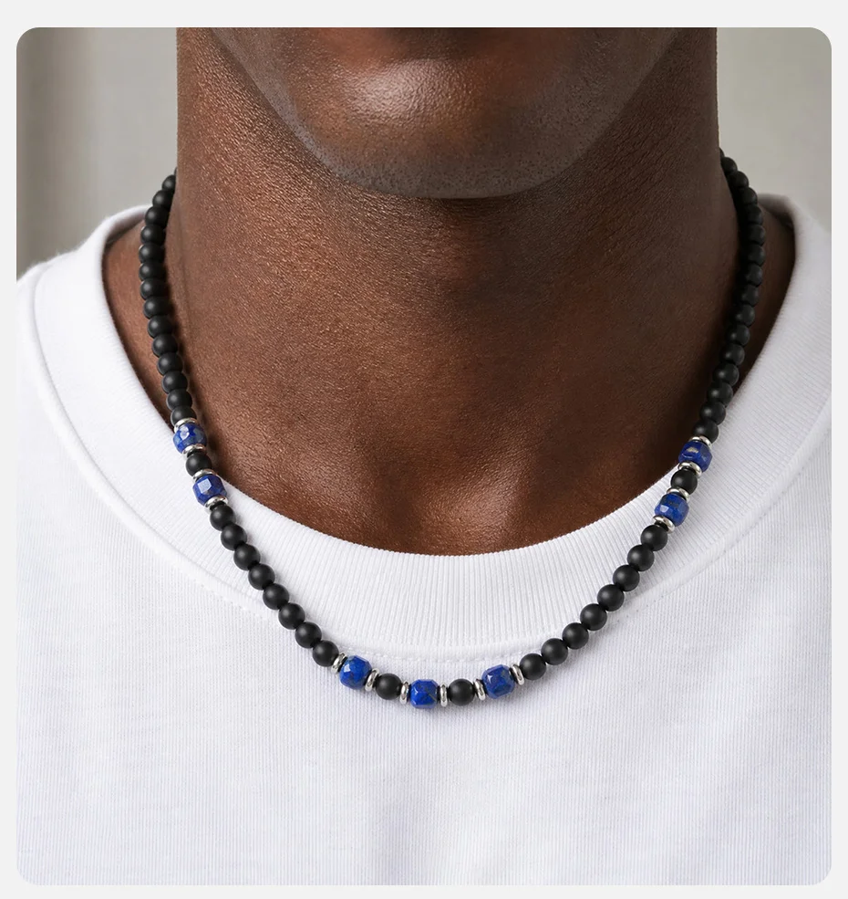 Vnox Herren-Perlenkette, mattschwarzer Onyx und Lapislazuli, Natursteinkette, verstellbare Länge, lässiger Alltagsschmuck für Männer, Geschenk – Detail 2