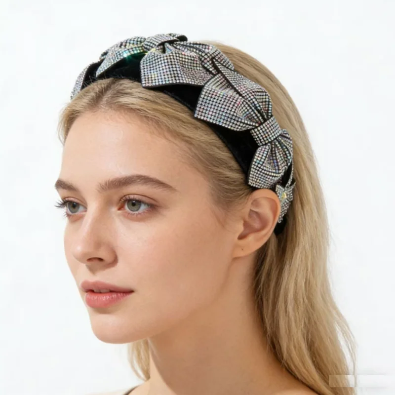 New Vintage Super Sparkling Diamond Bow Headband Dance Party Hair Accessories Women Wide Hair Hoop Girls Hairbands