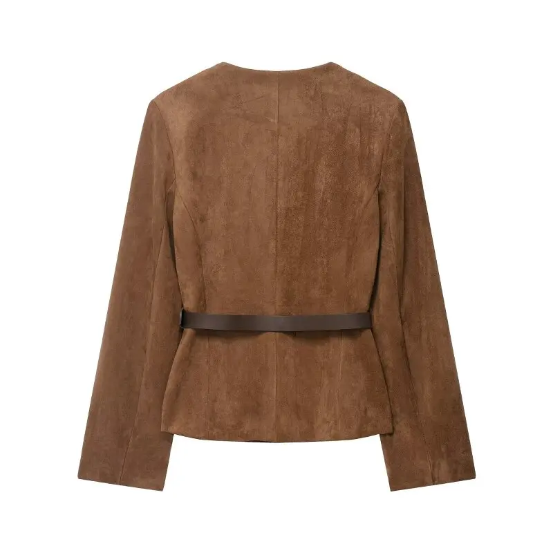 خمر الجلد المدبوغ سطح الملمس الطيار سترة عصرية أنيقة سيدة معطف دافئ س الرقبة كامل الأكمام حزام الشارع الشهير القمم #2