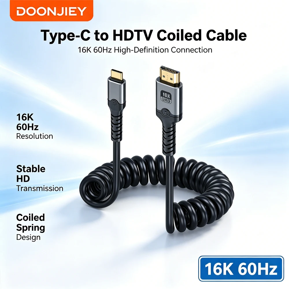 DOONJIEY Type C to HDMI-Compatible Cable 16K Ultra HD Spring Cable for Air iPad TV Converter MacBook USB-C HDTV Adapter