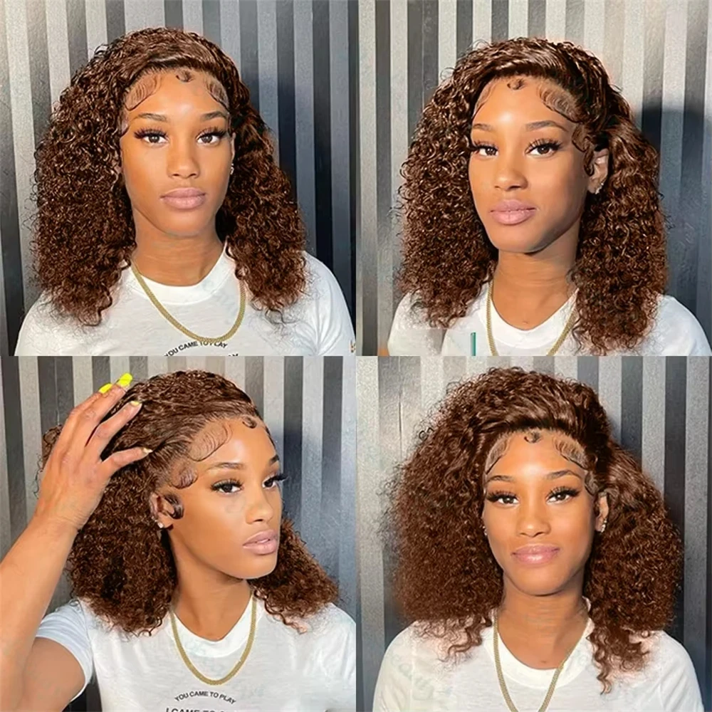 Chocolate Brown Deep Wave BOB Wigs For Black Women Human Hair 13x4 Full Lace Frontal Short Curly Dark Brown Lace Front BOB Wigs Human Hair Pre Plucked Glueless #4 Colored 14 Inch image 7