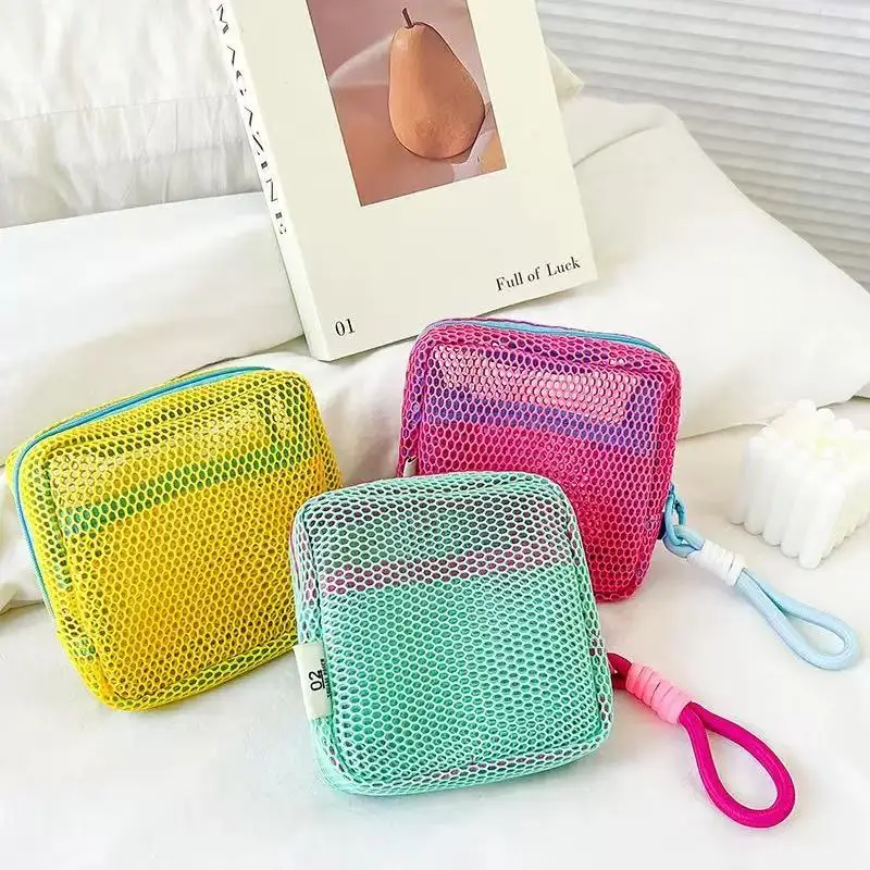 Portable Mesh Grid Small Cosmetic Bag Dopamine Color Square Travel Storage Bag Mini Coin Purse With Wrist Strap