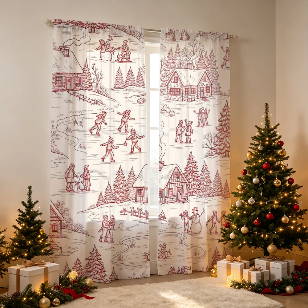 2PCS Christmas Curtains, Vintage winter town ice skating Print, Bedroom Window Drapes, Rod Pocket Polyester, Home Decor