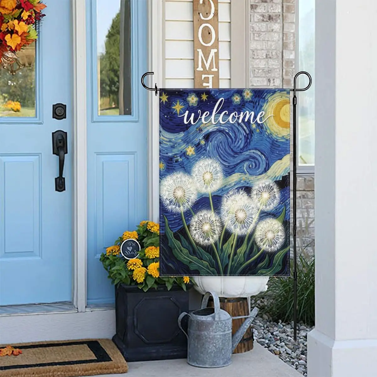 Dandelion Welcome Garden Flag 12x18 Inch Double Sided – Starry Night Floral Art Outdoor Yard Decoration for Porch, Lawn &amp yyi