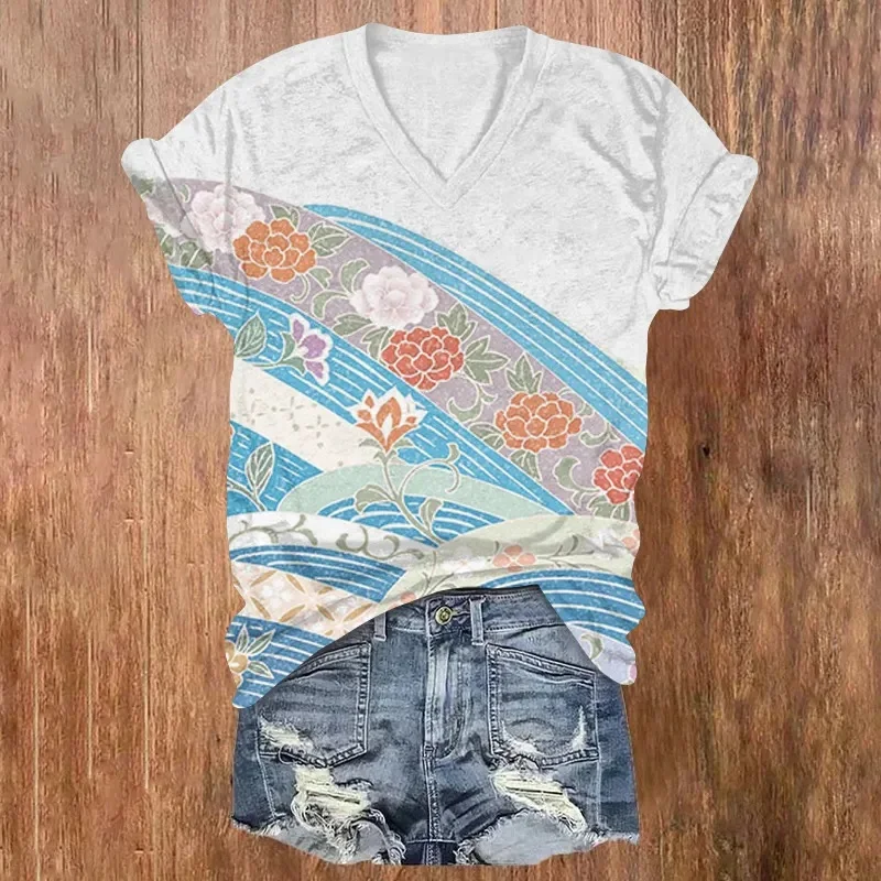 Oil Painting Calla Lily Art Print Short Sleeved V-neck T-shirt Summer Women's T Shirts