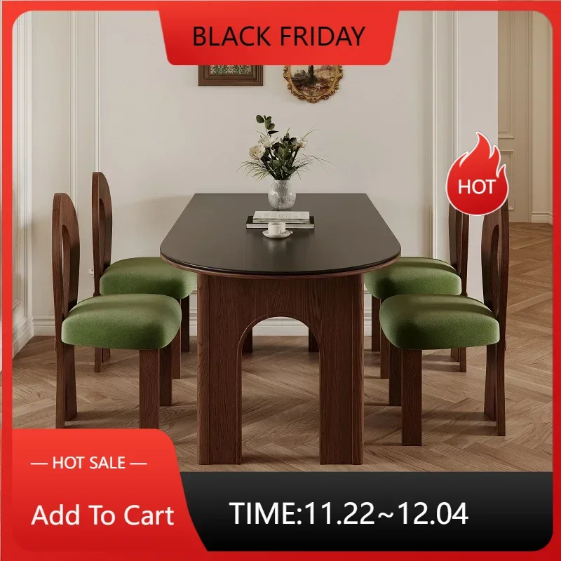 Medieval French Matte Black Slate Solid Wood Small Apartment Walnut Ash Wood Round Wall Muebles De Cocina Island Dining Table