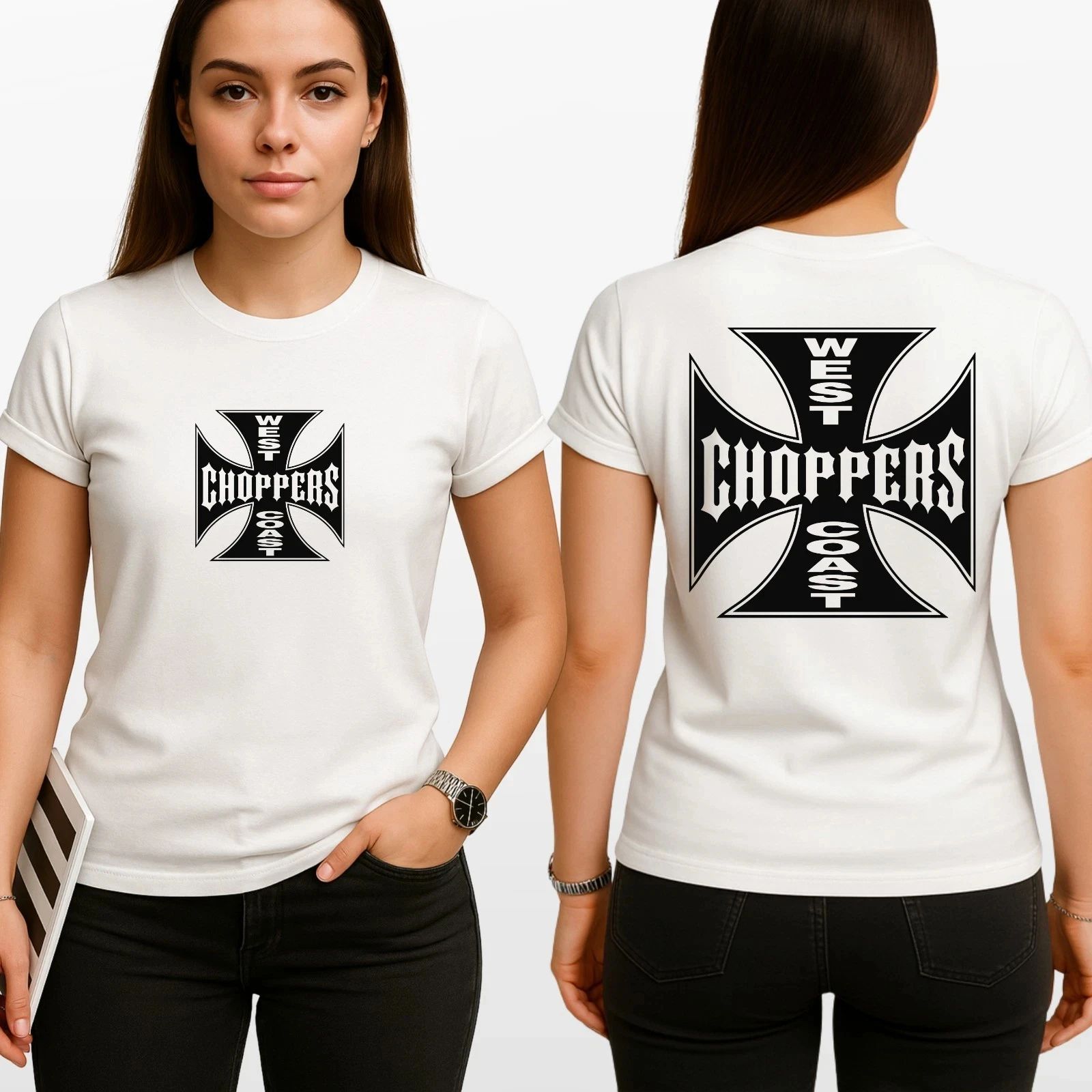 West Coast Choppers Cross Logo T Shirt Front Back Print Biker Graphic Tee Unisex Style Both of Men and Women