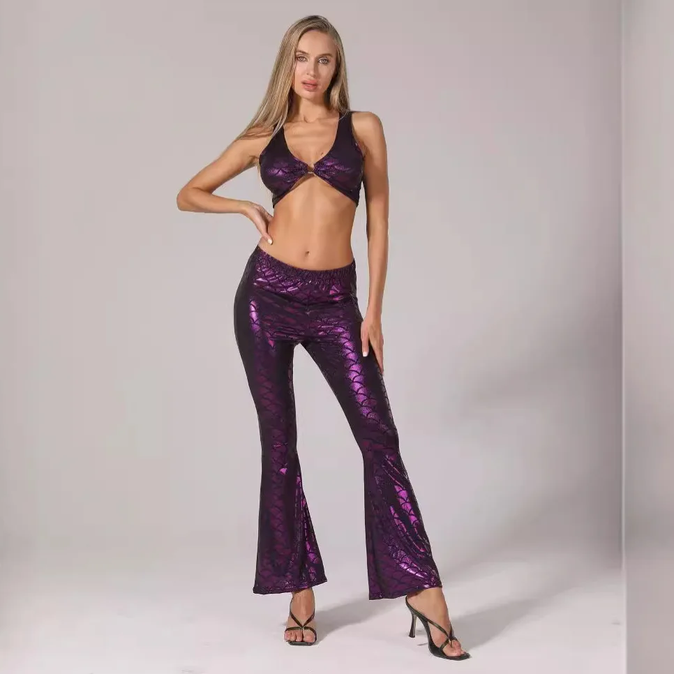 Fashionable Multi-Color Fish Scale Bell Bottom Pants Slimming Casual Trousers Street Style High Waist Polyester Fiber Ladies