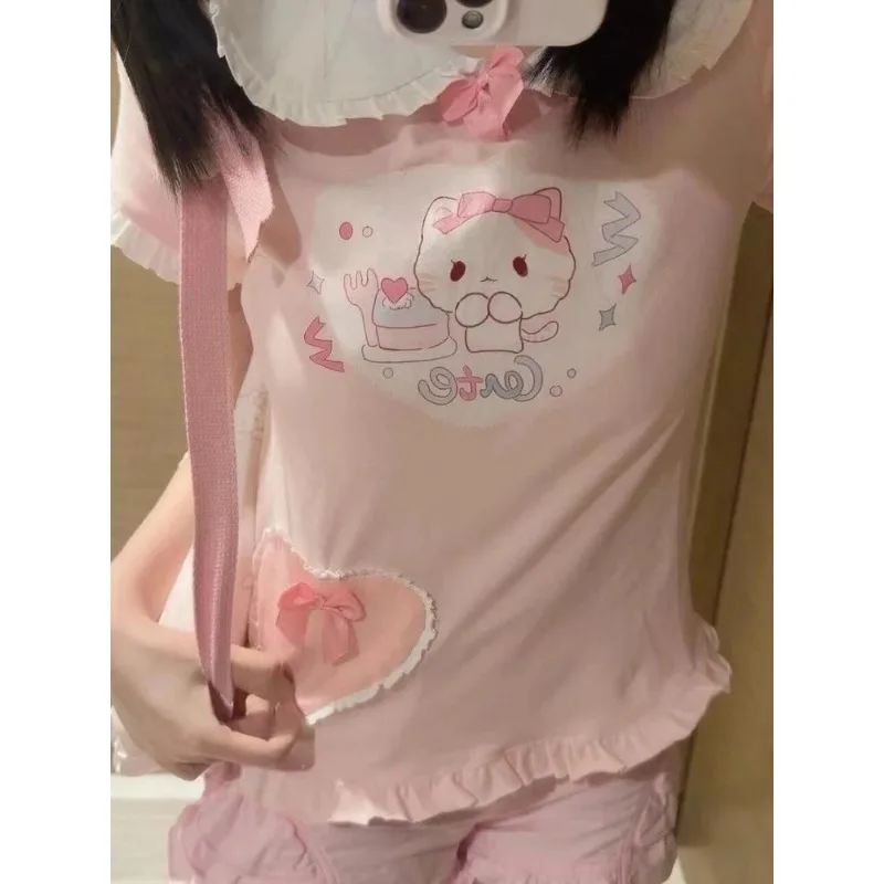 Japanese Kawaii Lace Patchwork T-shirt Women Cartoon Printing Y2k Aesthetic Graphic T Shirts Harajuku Sweet Bow Tops Cute Tees