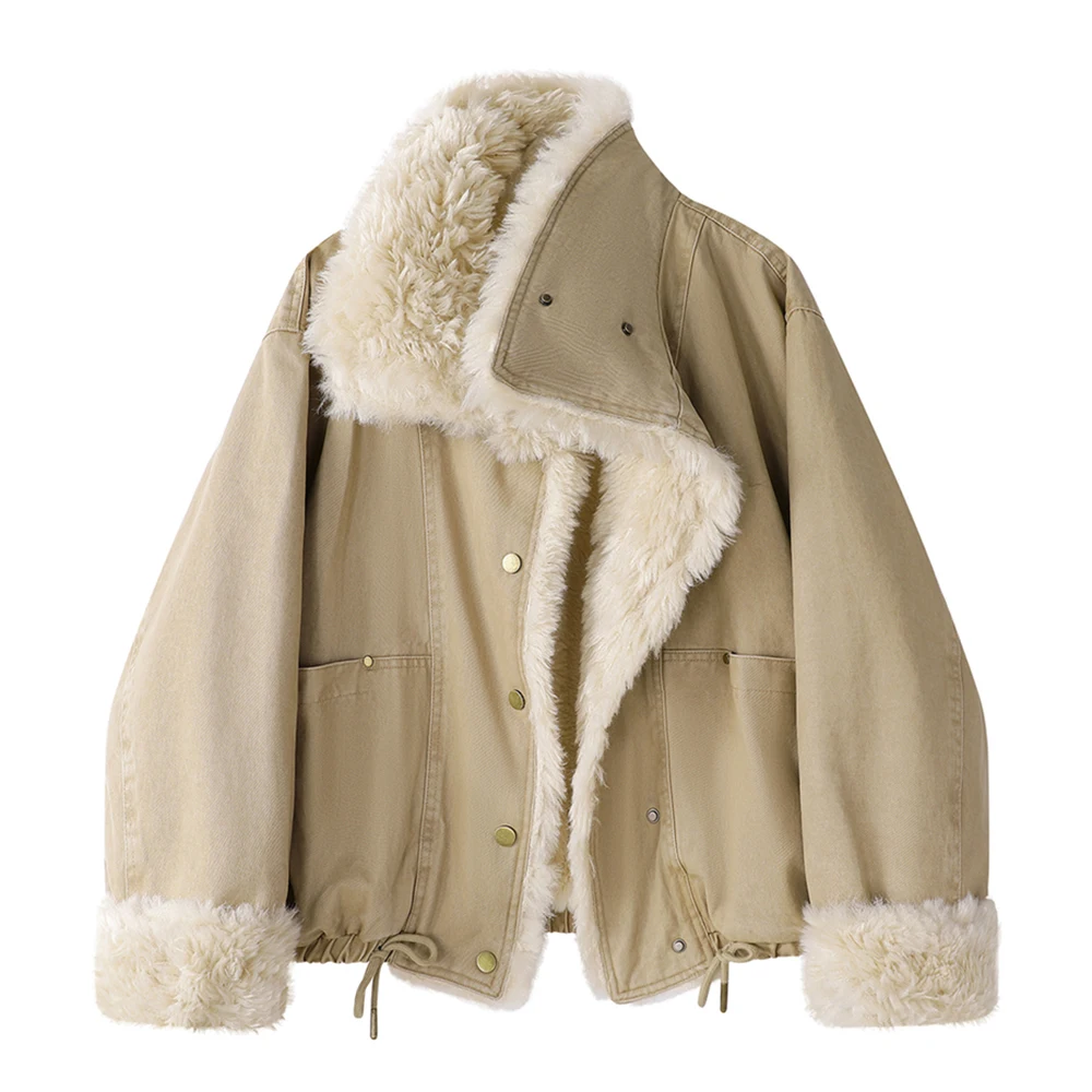 Women’s Fur Lined Denim Jacket Short Winter Coat Thick Warm Sherpa Faux Fur Outerwear Drawstring Hem Casual Street Style
