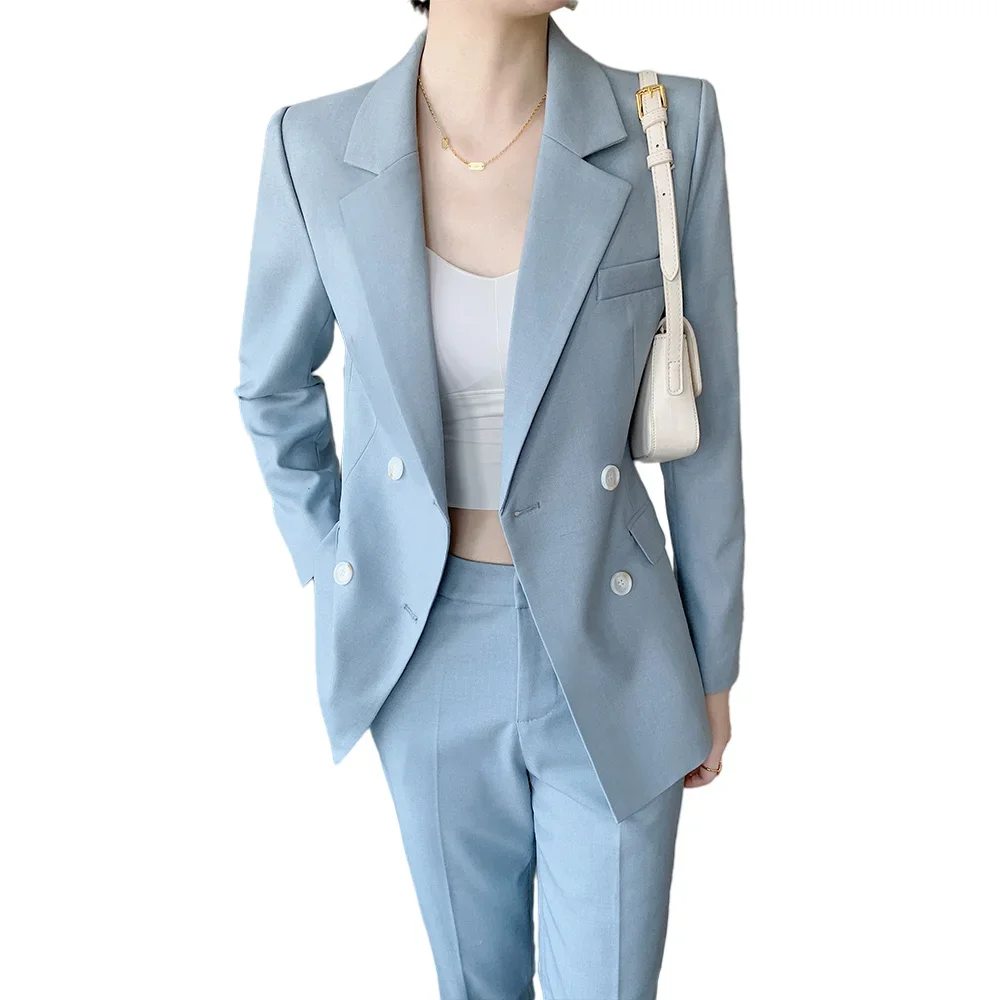 2024 Summer Baby Blue Ladies Suits Two Piece Set Blazer Pants Top Quality Double Breasted  Women Elegant Business Work Clothing