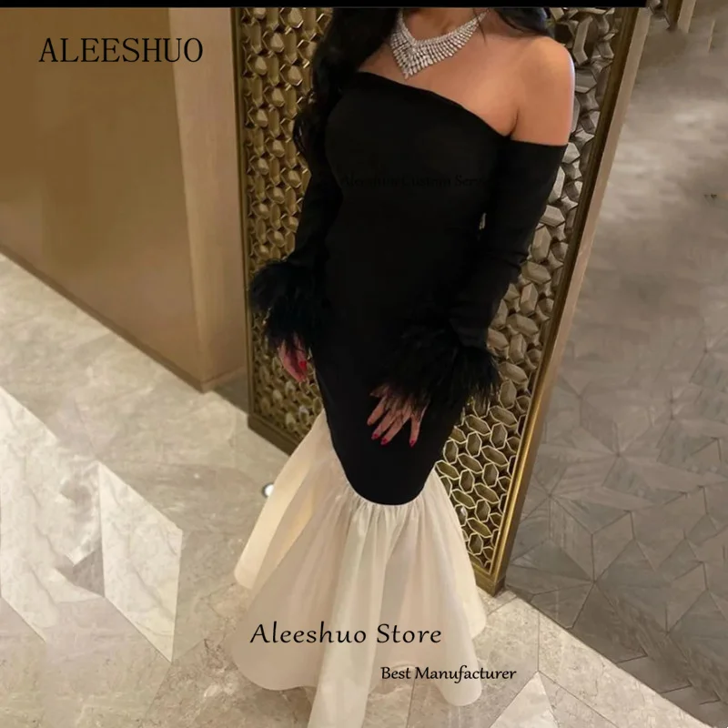 Aleeshuo Saudi Arabia Long Sleeve Prom Grwon Off The Shoulder Mermaid Pleat Feathers Vestidos Pleated Prom Dress Ankle-Length