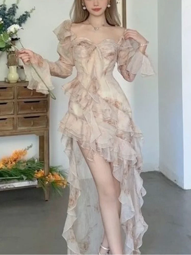 

Fairy 2 Piece Dress Set Woman Casual Long Sleeve Crop Tops + Elegant Solid Strap Midi Dress Party Korea Fashion Suit 2025 Summer