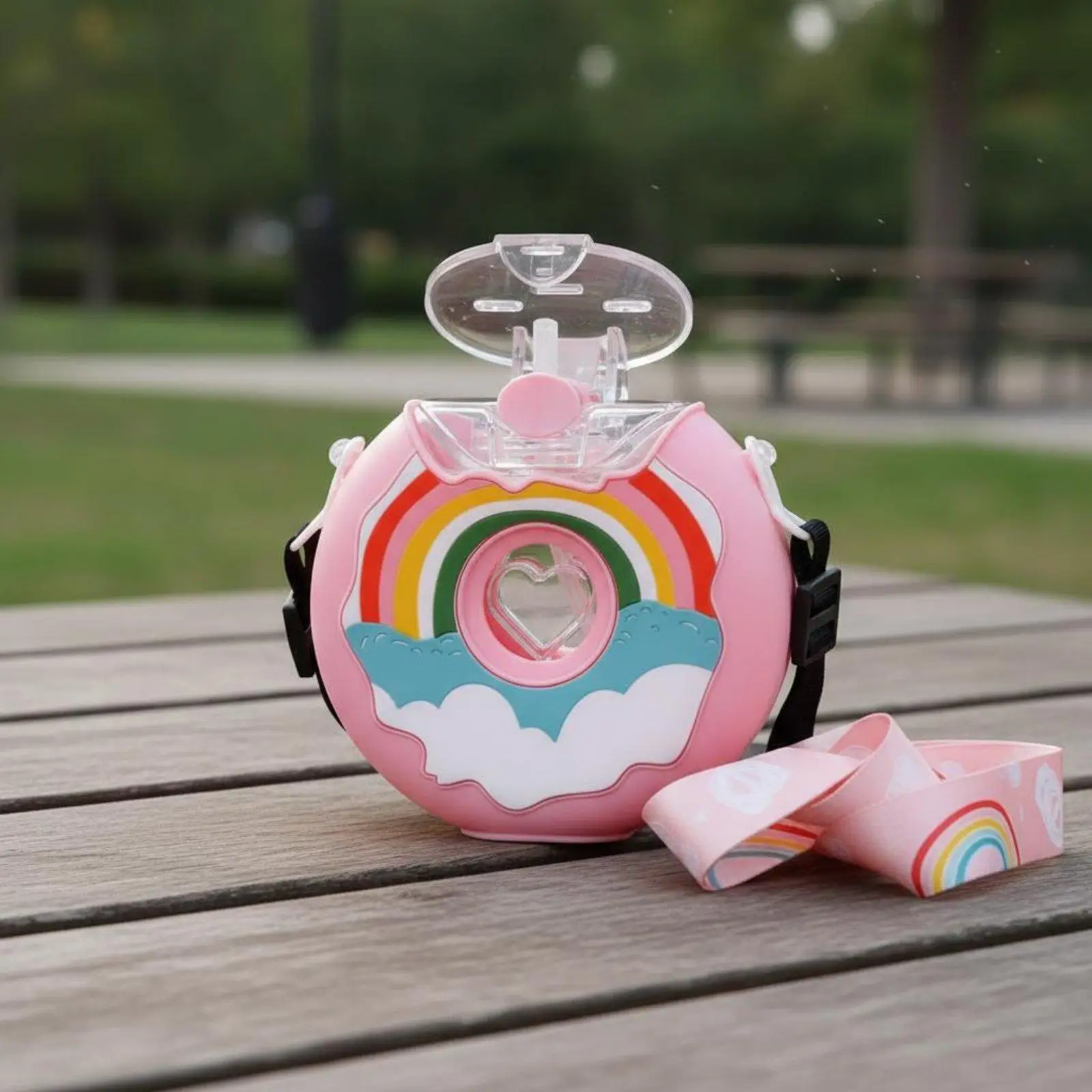 Donut Water Bottle Leak-Resistant Donut Shaped Sippy Cup Reusable Kids Bottle with Strap for Young Children, School, Travel,