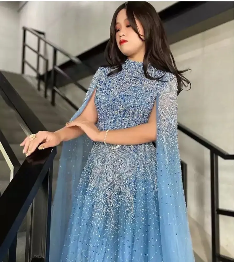 Exquisite O-Neck A-Line Long Sleeve Court Train Beading Sequined Engagement Birthday Floor Length Evening Gown Sexy Dress