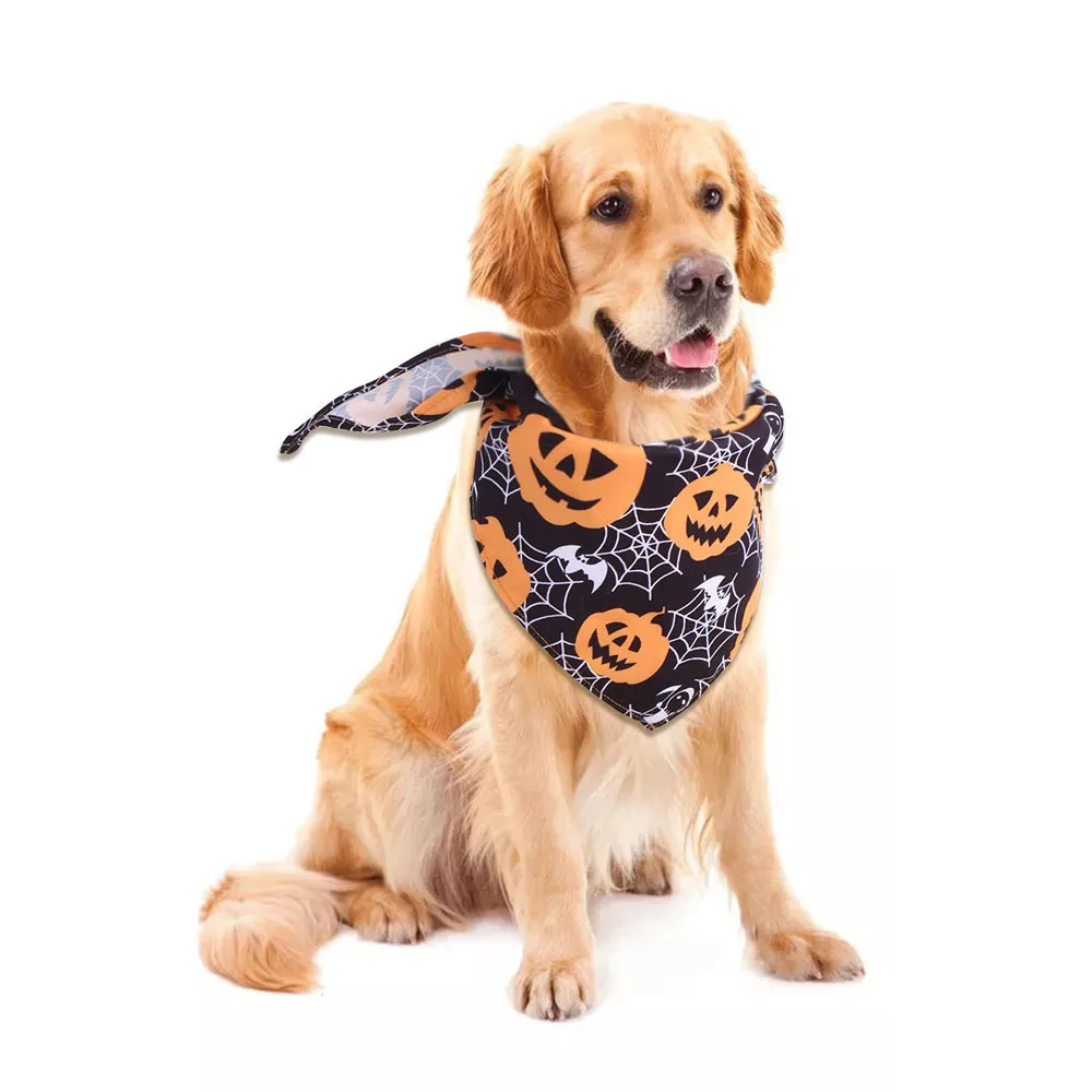 Pet Halloween Bandana for Dogs and Cats Pumpkin Spider Web Print Decorative Scarf Adjustable Neck Wrap