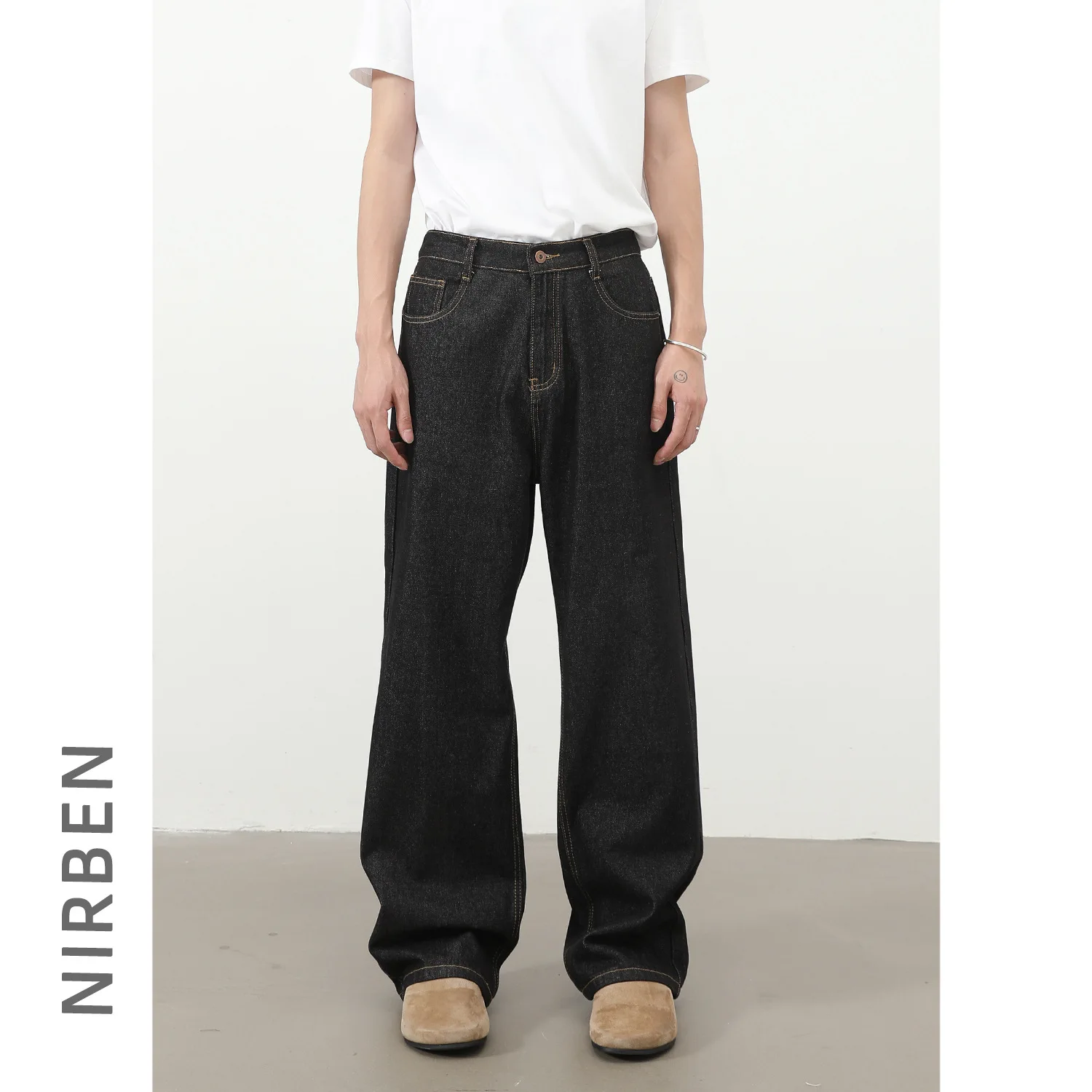 Semi-elastic Waist Loose Straight Primary Color Denim Trousers