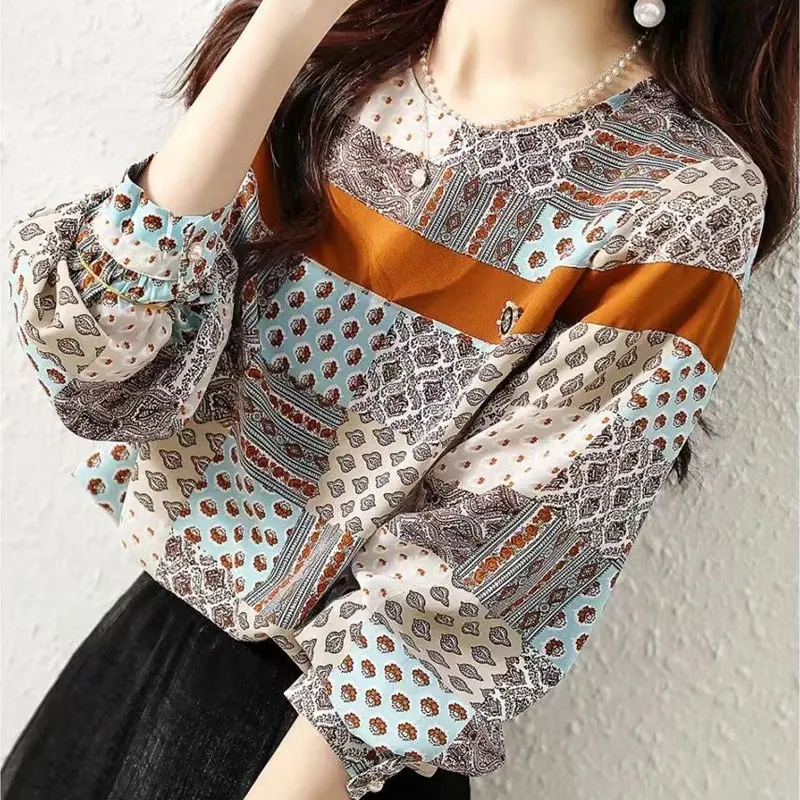 Spring Autumn Vintage Printed Blouse Casual Loose Long Sleeve Chic Button Round Neck Patchwork Female Clothing 2022 New Shirt