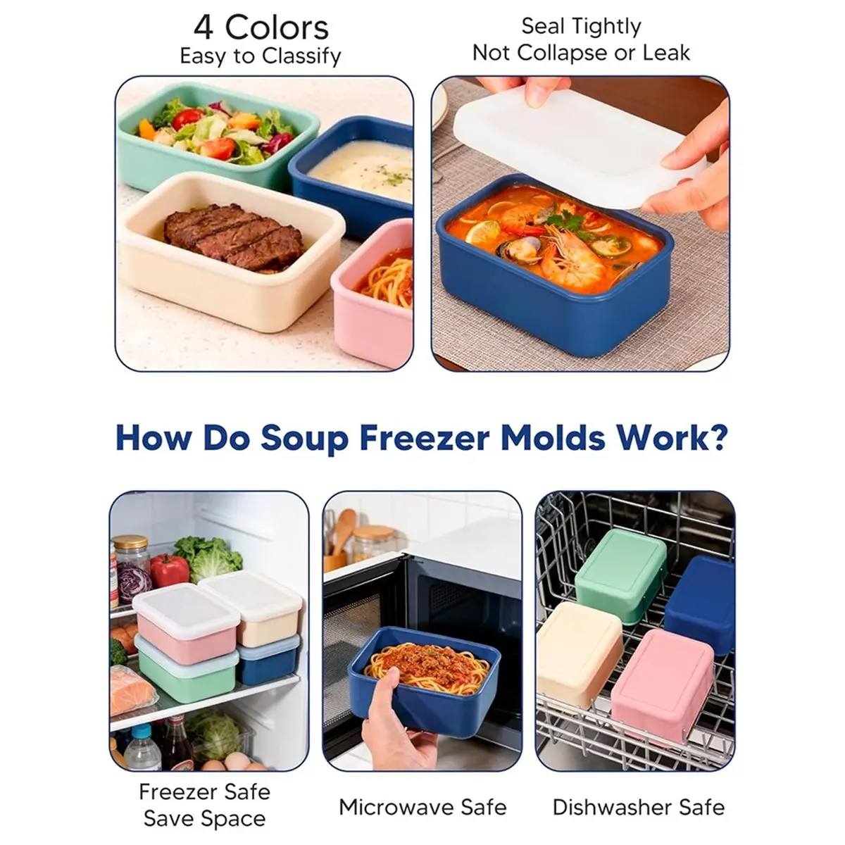 A08I 4-Pack Silicone Freezer Molds with Lids for Soup, Sauces, Stews, Meal Prep Containers