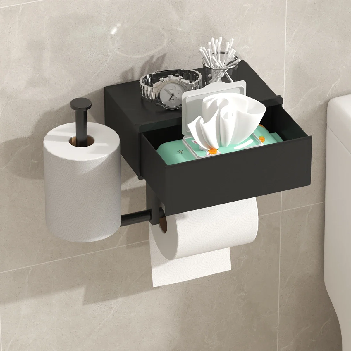 Toilet paper holder with shelf, bathroom wet wipe dispenser keeps your wet wipes hidden from view, drawer style storage box