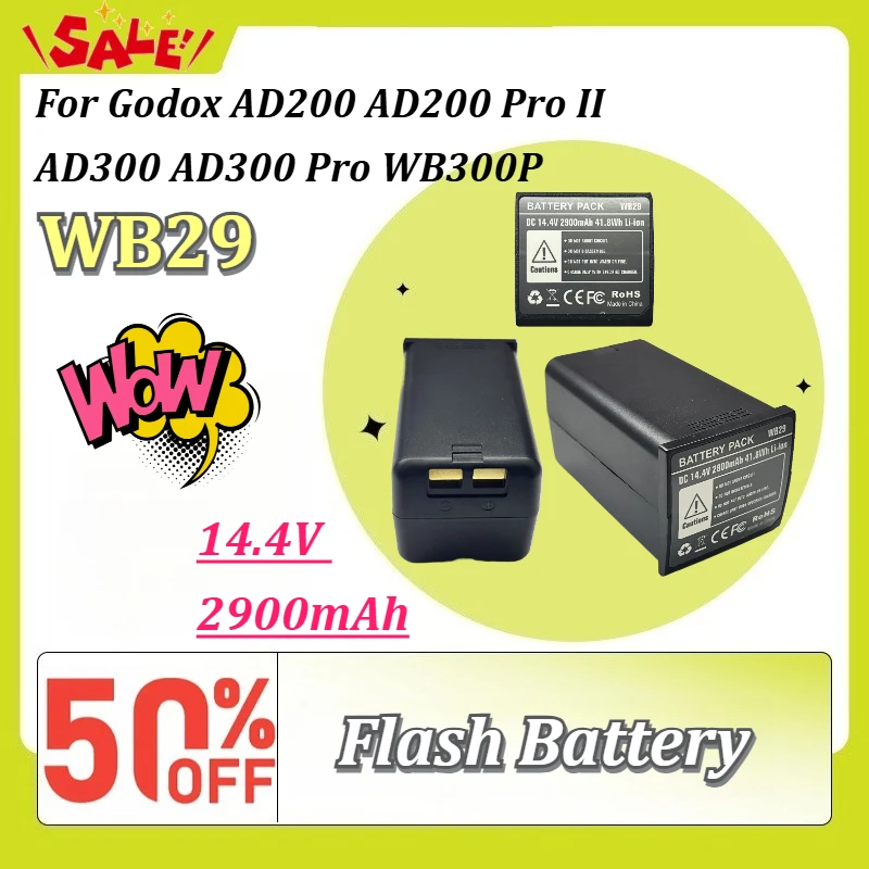 

New 14.4V 2900mAh Li-ion Studio Flash Replacement Battery WB29 for Godox AD200 AD200 Pro II AD300 AD300 Pro WB300P High-Capacity