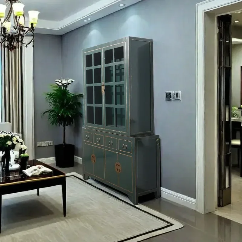 New Chinese Style Solid Wood Bookcase Dark Green Wine Cabinet with Door Glass Display Storage Shelf All Wood Combination
