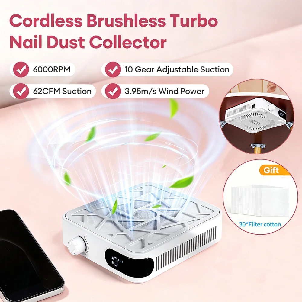 

Cordless Nail Dust Collector Portable Brushless Turbine Fan Powerful Suction Manicure Vacuum Cleaner for Salon Home Nail Art