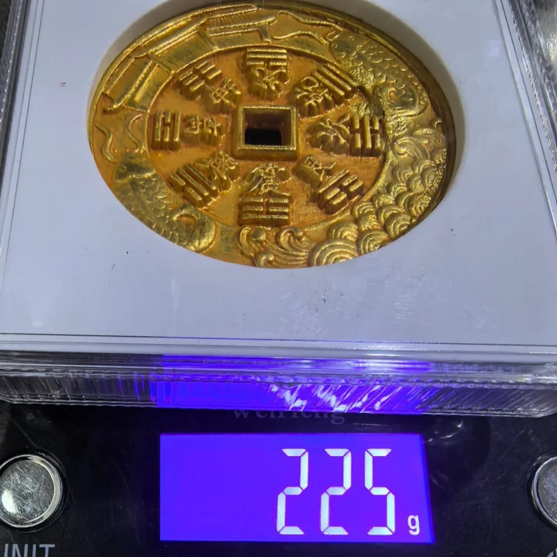 โบราณทองแดงบริสุทธิ์ปลาคาร์พกระโดดข้าม Dragon Gate Mountain Ghost Bagua เหรียญสองด้านแกะสลักแกะสลักแม่เหรียญเกรดกล่อง