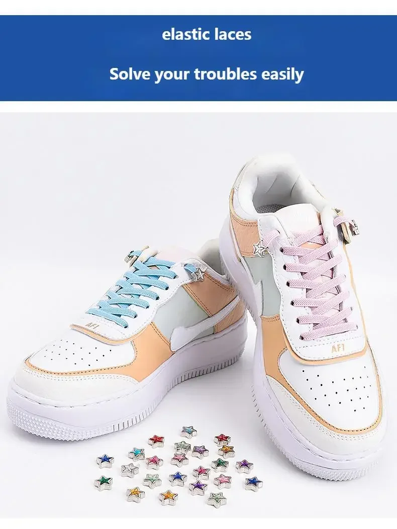Strass-Schnürsenkel mit fünfzackigem Stern, bunte Diamant-Schnürsenkel ohne Binden, flache elastische Schnürsenkel, Schnürsenkel für Sneaker – Detail 3