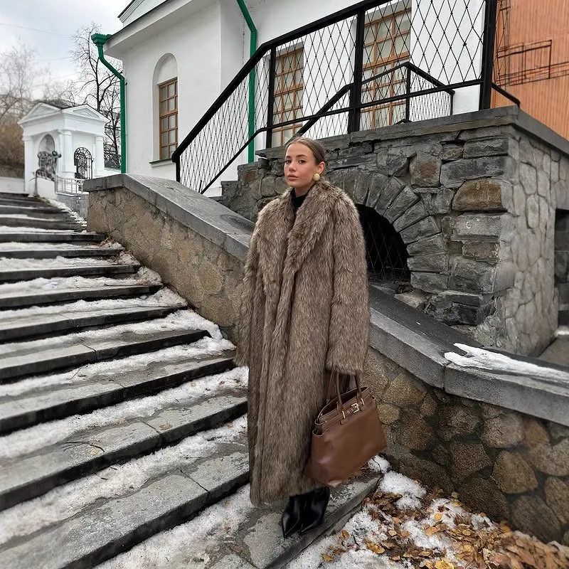 A new long coat in apricot red, a faux fur coat, a thickened winter warm outerwear in brown and coffee color, and an extended st