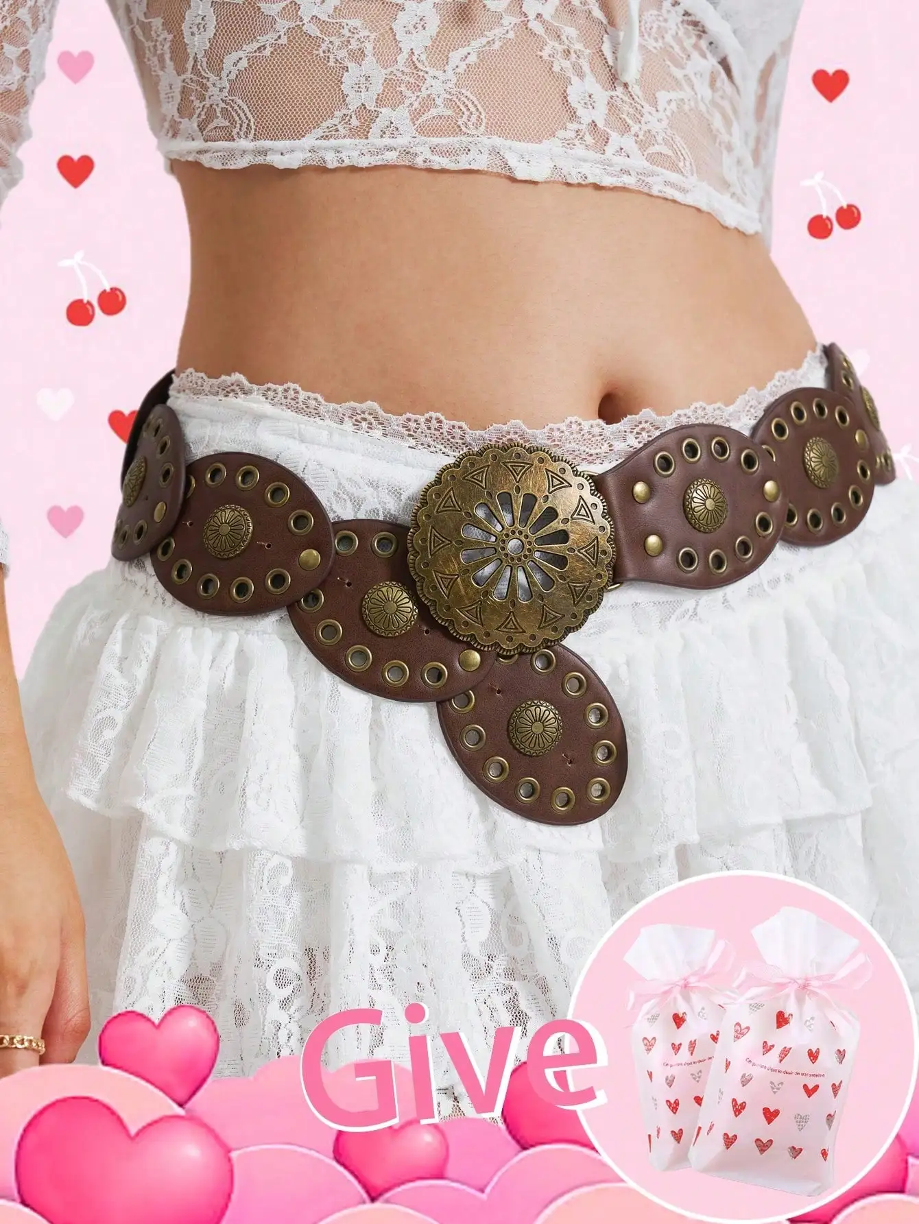 Ladies Bohemian Western Cowboy Punk Style Belt Fashion Accessory Hollow out Flower Buckle Oval Splicing Design